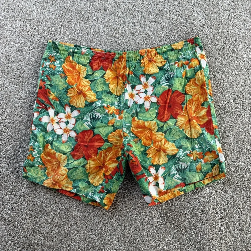 Vintage Hawaiian Shorts Mens Large Tropical Floral Cotton 7 Inseam Summer
